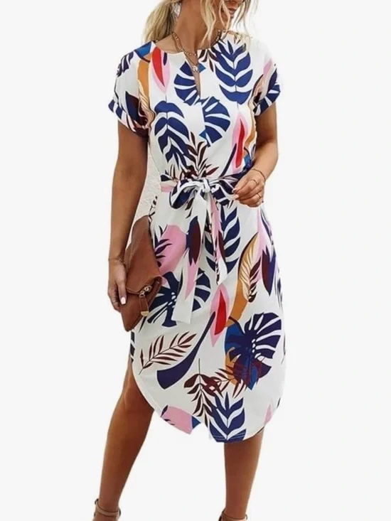 Tropical Leaf Print Tie-Waist Midi Dress - White Multi - Picture 1 of 4